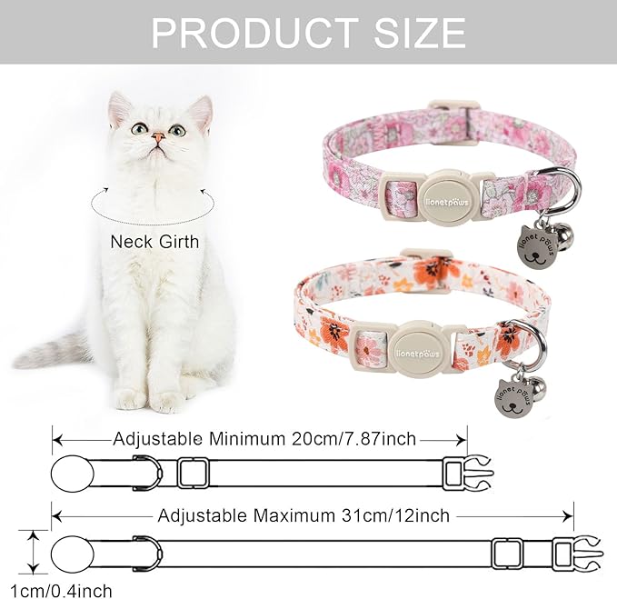 Lionet Paws 2pcs Pack Cotton Cat Collar,Breakaway Buckle with Floral Pattern and Brand Pendant Cute Adjustable Cat Kitten Collar,Ideal for Girl Cats