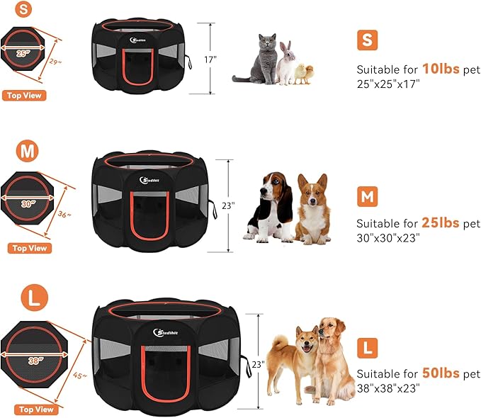 Black Dog Cat Playpen, Puppy Pet Playpen Indoor for Small Dog Crate Tent Cage Outdoor, Portable Pop Up Dogs Enclosure Kennel with Carrying Case for Dogs/Cats/Rabbits