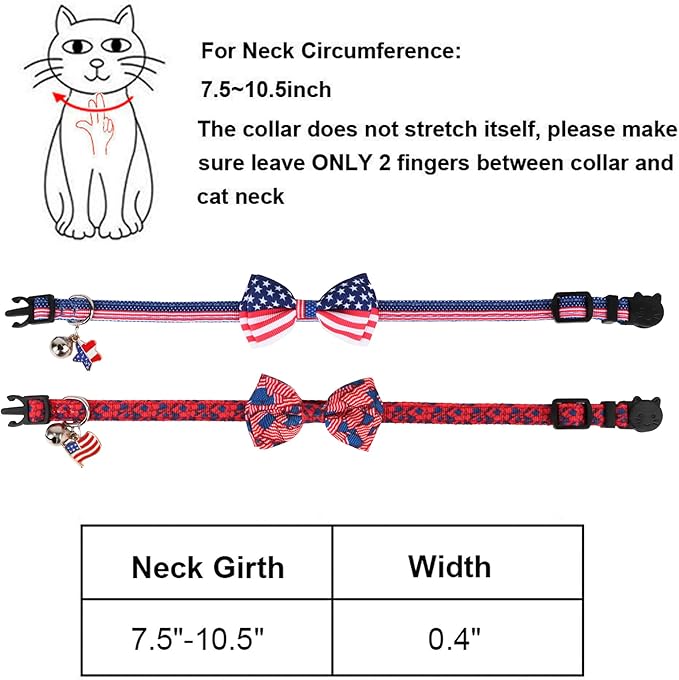ADOGGYGO American Flag Cat Collars with Bow Bell, Breakaway Pet Bowtie Collar Red Blue Star Flag 4th of July Collars for Girl Boy Cats Kittens