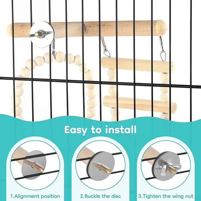 5in1 Bird Perch Ladder with Swing, Natural Wood Parrot Perches Platform with Stainless Steel Feeding Cup, Play Gyms Stands Playground for Budgie Conure Lovebird Canary Hamsters
