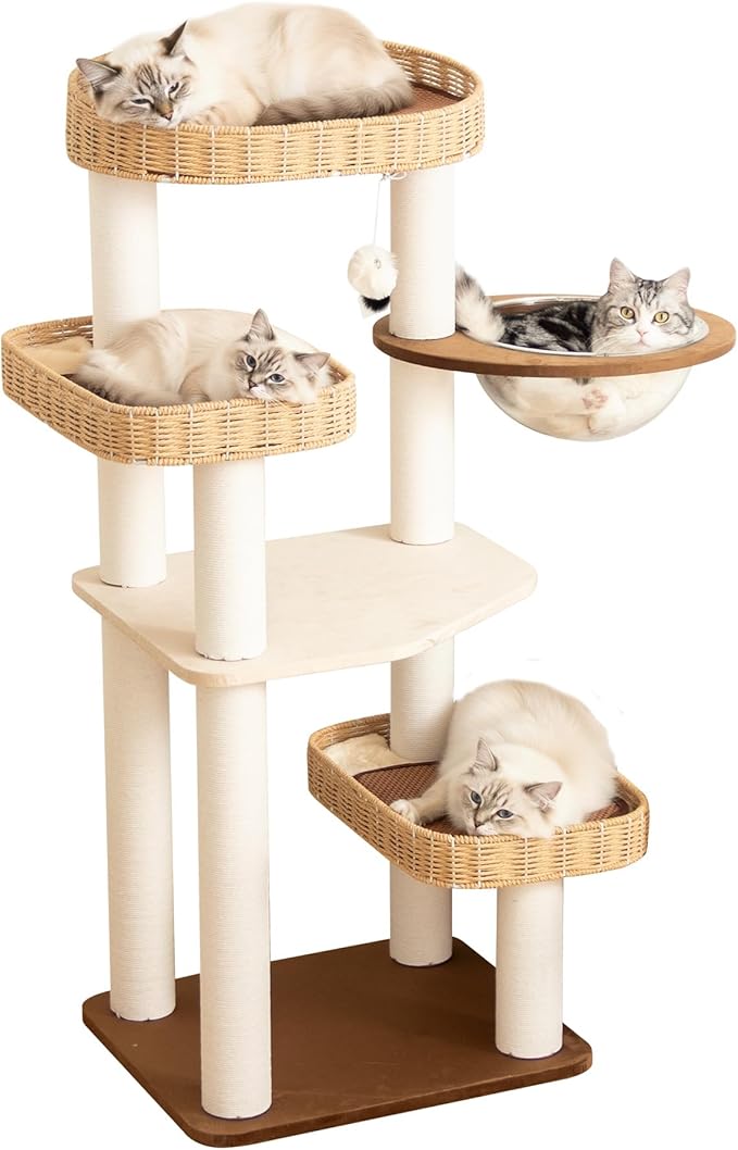 Modern Cat Tree for Large Cats, 48-Inch Tall Cat Tree Tower with Wide Shelves Cotton Scratching Posts, Super Sturdy Base, Cozy Perches, and Interactive Toys for Indoor
