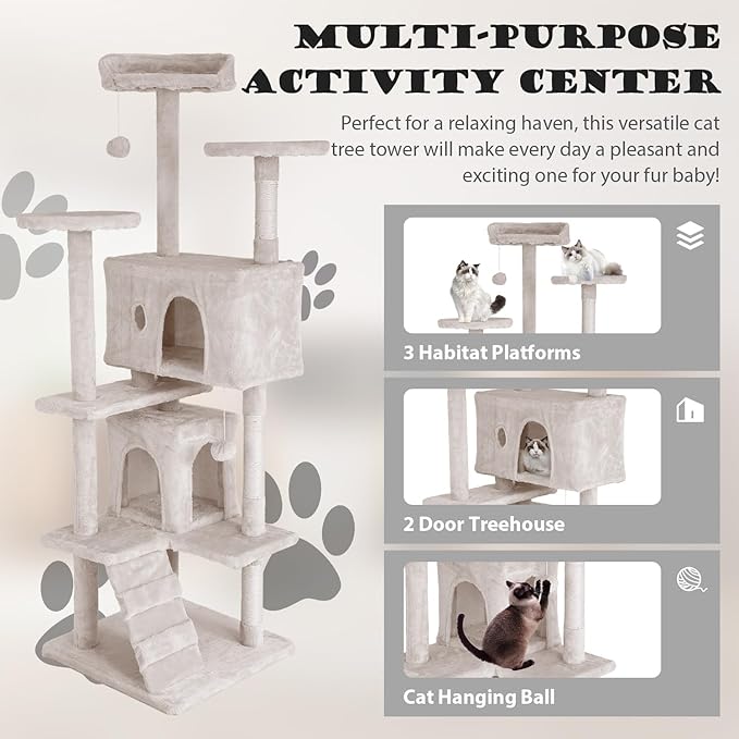 Heavy Duty Cat Tree Tower, 70" Tall Cat Tower for Indoor Cats with Cat Scratching Post with Bed, Cat Condo, Hanging Ball, Multi-Level Cat Climbing Tower Cat Trees Furniture Activity Center, Beige