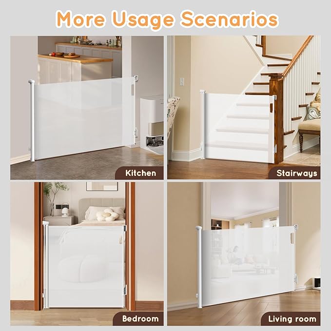 Retractable Baby Gate for Stairs, 55" Wide Mesh Pet Gate, Automatic Tension, One-Hand Operation, 38" Tall Baby Gates for Doorways, Hallways, Deck, Indoor Outdoor, Safe, Easy to Fit, White