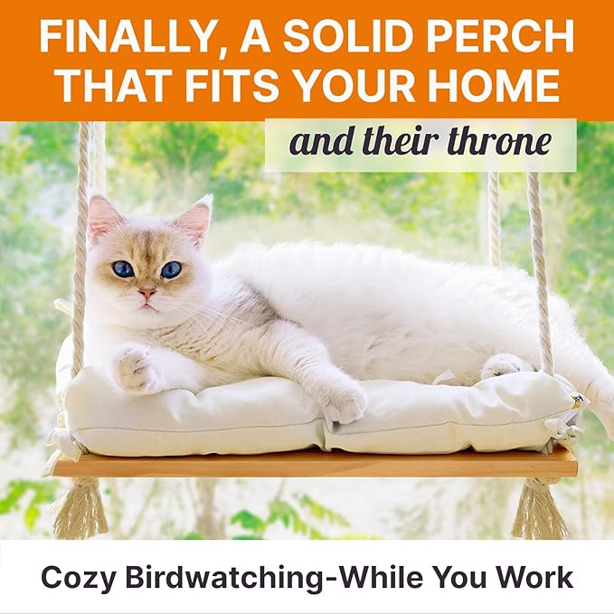 Cat Window Perch with Industrial-Grade Suction Cups - Solid Pine Wood Hammock Bed, Soft Cushion - 42 lb Capacity for Cats Inside