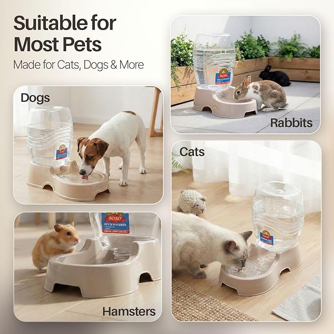 Flexzion Automatic Gravity Pet Waterer for Cat & Dog - Non-Skid & Easy-Clean Auto Replenish Water Dispenser Drinking Bowl (3/8 Gallon / 1.5L), Beige