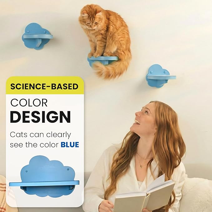 Cat Wall Shelves for Large Cats – 4-Piece Wall Mounted Cat Furniture Set, Floating Climbing Shelves & Stairs, Sturdy 30+ lb Support, Modern Vertical Wall System (Cloud Blue)