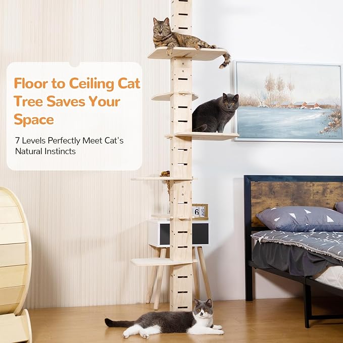 COZIWOW Floor to Ceiling Cat Tree Tower for Indoor Large Cats, 7 Tier Tall Cat Climbing Pole with Adjustable Height (98-114 inches), Modern Climbing Tower, Wood