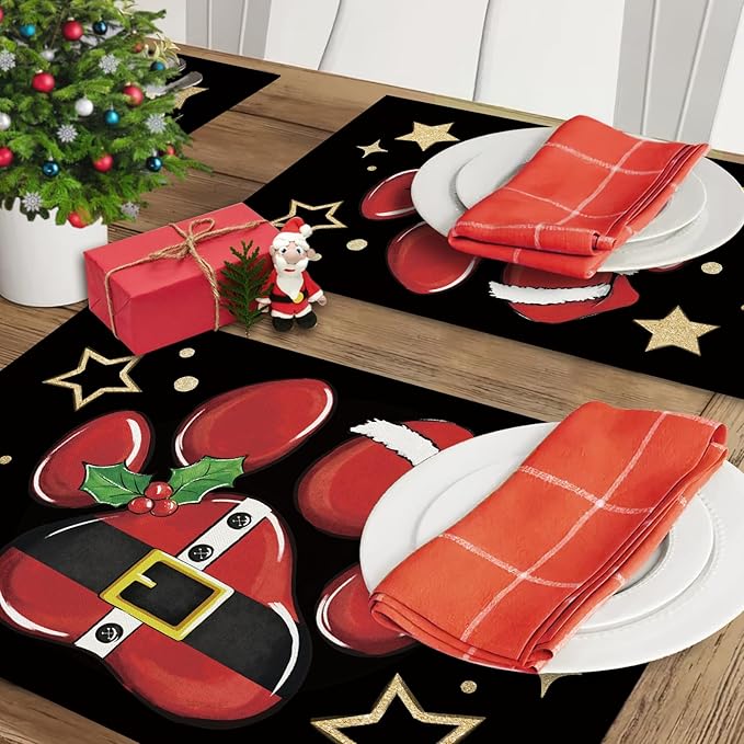Christmas Dog Cat Paw Prints Placemats Set of 4, Xmas Stars Dining Place Mats Table Decor Pet Lover Gifts, Winter Funny Holiday Home Kitchen Decoration 12 x 18 Inch