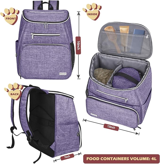 BAGLHER丨Dog Travel Bag Backpack, Airline Approved Pet Supplies Backpack, Dog Travel Bag with 2 Silicone Collapsible Bowls and 2 Food Baskets Purple