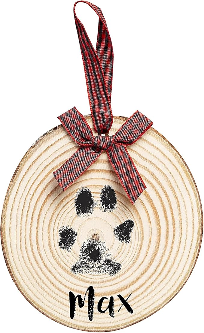 Pearhead Rustic Wood Paw Print Christmas Tree Ornament, Dog or Cat Pawprint Making Kit Included, DIY Personalized Pet Keepsake Ornament, Buffalo Check Hanging Ribbon