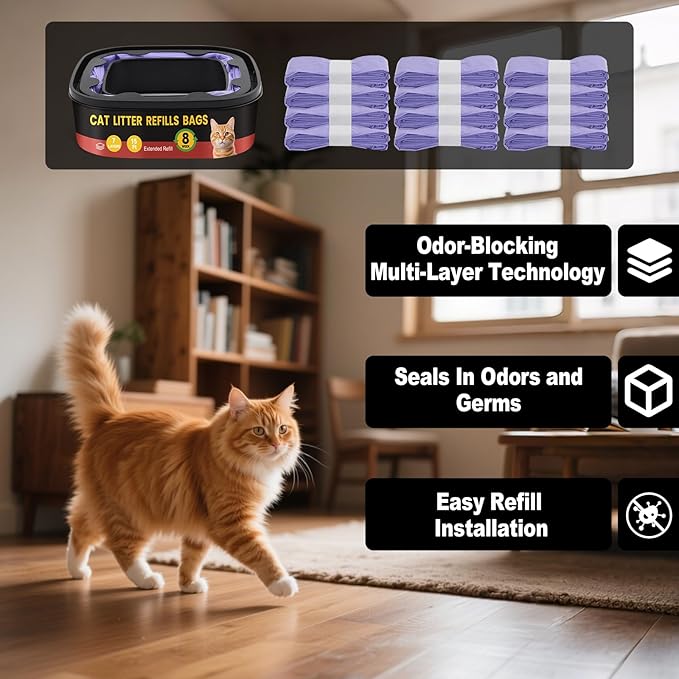 Cat Litter Refill Bags Replacement -12 Pack for Litter Genie Standard,Plus,Style,XL+ Pails, 7-Layer Odor Barrier to Lock in Smell, Durable & Leak-Proof, Easy-Load Refills