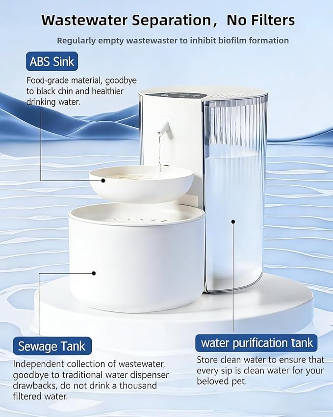 Wireless Cat Water Fountain No Filters, 3.5L Automatic Wastewater Separation Pet Water Fountains for Cats Indoor, Quiet Cat Dog Water Dispenser Rechargeable Kitty Drinking Fountains - for Pets