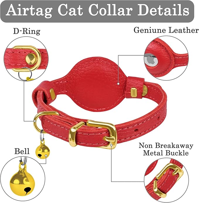 OOPSDOGGY Leather AirTag Cat Collar with Bell - Non Breakaway Kitten Collar with Apple Air Tag Holder - Lightweight GPS Pet Collars for Girl Boy Cats, Small Dogs, Puppies (Red)