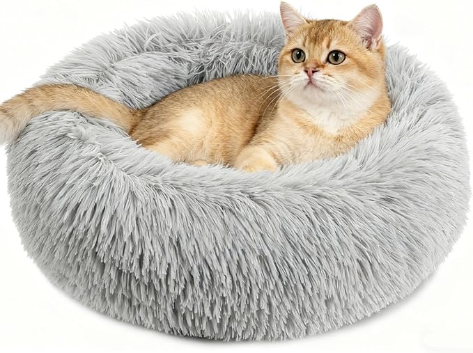 Cat Bed - Calming Cat Bed for Small Kittens Donut Washable Round for Indoor Kittens and Puppies, Anti-Slip Round Fluffy Plush Faux Fur, Medium, Light Grey