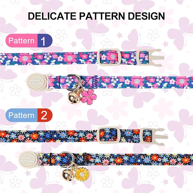Unique Style Paws Blue Flower Cat Collar,Flower Cat Collars,Blue Kitten Collar Breakaway Buckle,Adjustable Spring Summer Puppy Collar,Ideal Gift for Boy Girl Cats