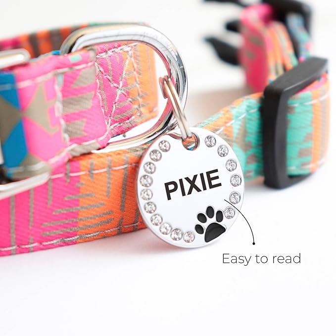 Paw Shape Dog ID Tag Stainless Steel Custom Laser Engraved, Cute Bling Glitter Pet Name Tags Personalized with Durable Engraving (Silver Round Crystals Paw)