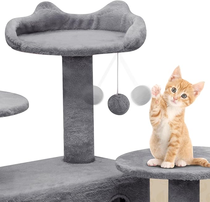 Athena Collection Cat Tree, 77 Inch Cat Tower for Indoor Cats, Multi-Level Cat Tree Tower Activity Center with 2 Cat Condo & Cat Scratching Post & Dangling Ball, Tall Cat Tree, Smoky Gray