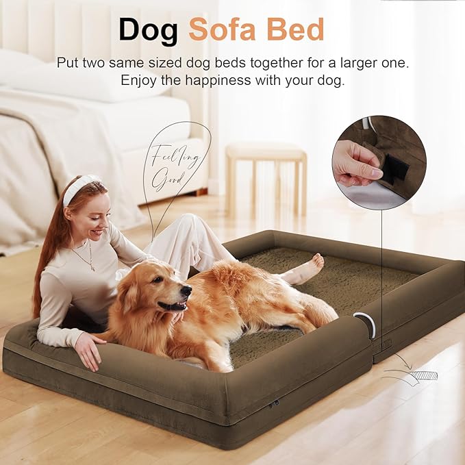 Large Dog Bed Orthopedic Washable: Jumbo Dog Bed Bolster Extra Large Dogs Egg Crate Foam Sofa Couch Waterproof Removable Cover - Coffee