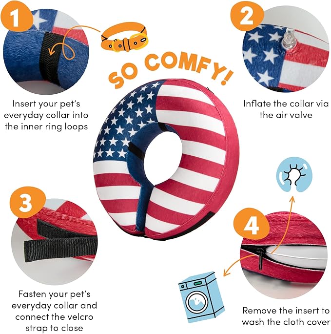 BENCMATE Inflatable Dog Cone Collar Alternative, Soft Dog Cone for Small Medium Large Dogs and Cats, Neck Recovery ECollar Donut Collar After Surgery (XLarge, Flag)