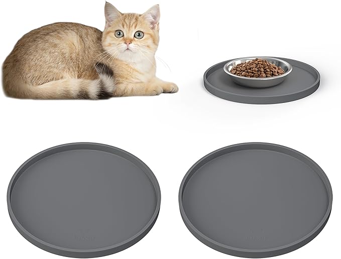Arespark Cat Food Mat, Set of 2 Nonslip Waterproof Feeding Bowl Silicone Mats with Raised Edges for Food Water Prevent Spills, Round Eating Plates Tray for Dog Cat Puppy Kitten, 8'' x 8''