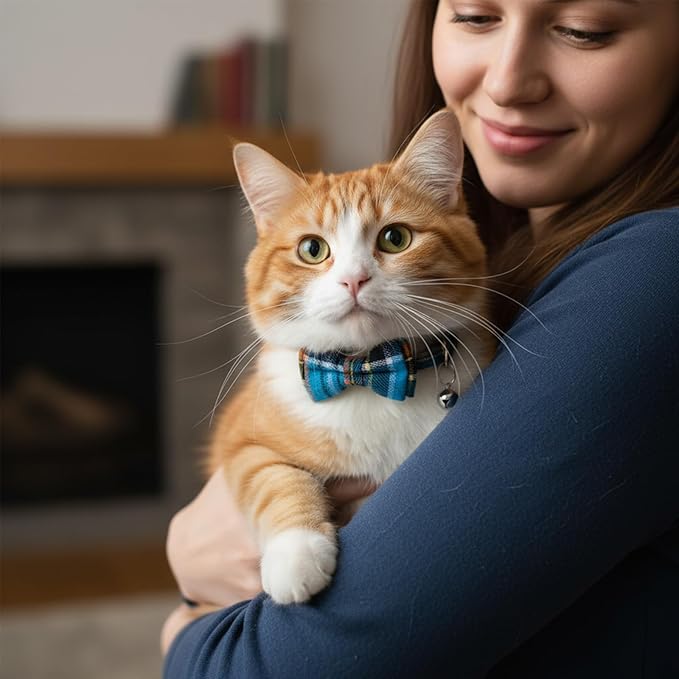 3pcs Bow Tie Cat Collar with Bells, Breakaway Bowtie Plaid Cat Collar, Soft Adjustable Bow Cats Collars for Kitten Puppy and Small Pets