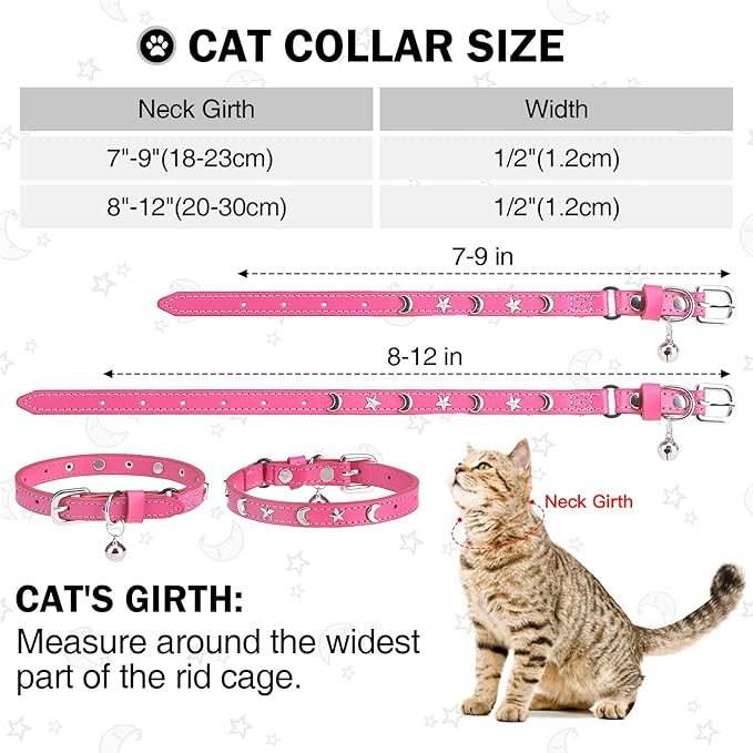 Leather Cat Collars for Boy Girl Cats with Bell and Safety Elastic Belt, Personalized Star and Moon Stud Adjustable Safe Buckle Collar for Kitty Small Big Cats Size 7-9 Inch, Rose