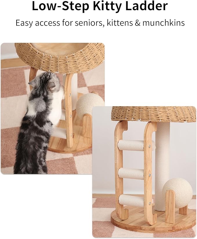 Wood Cat Tree for Large Cats, Modern Cat Tree Tower with Wide Shelves Cotton Scratching Posts, Super Sturdy Base, Cozy Perches, and Interactive Toys for Indoor Kittens