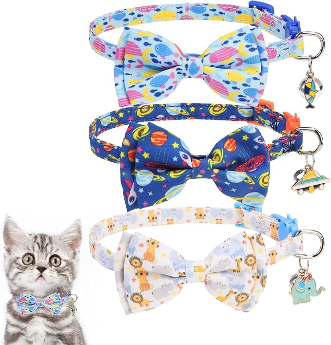KOOLTAIL Boy Cat Collar Breakaway with Removable Bow Tie and Bell,3 Pack Fancy Cute Safety Buckle Kitten Collars with Charm Pendant, Adjustable Soft Pet Collars for Kitty Small Cats