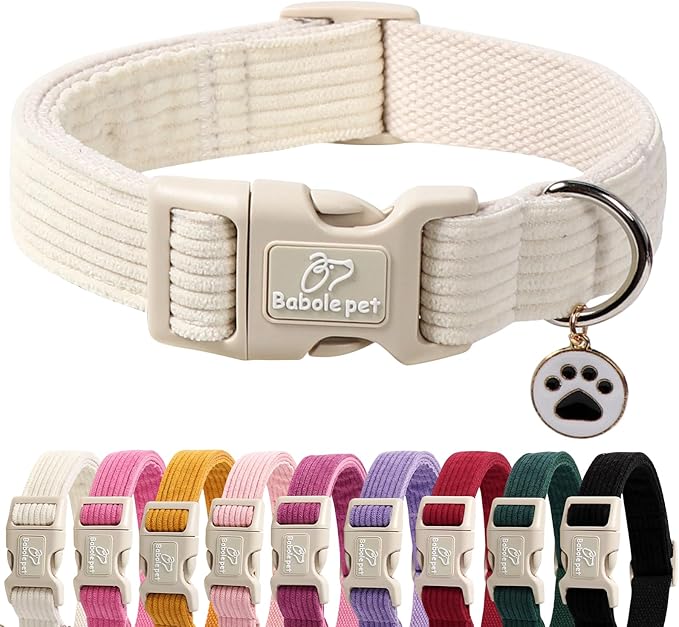 Cute Corduroy Dog Collar - White Adjustable Dog Collars for Small Dogs 10-25lbs, Fade-Proof with Secure Snap & Little Charm, Christmas Birthday Gift, S