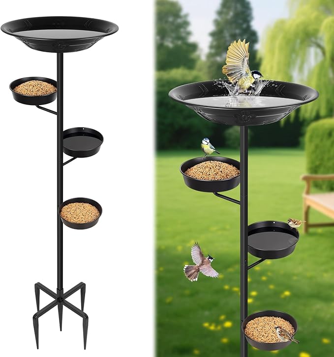 BOLITE Bird Bath for Outside, Metal Freestanding Birdbaths with Bath Bowl and Seed Bowl, Hummingbird Feeders for Outdoors Garden Patio Yard Lawn Decor, Black, Gifts for Mom Dad, Gifts for Women Men