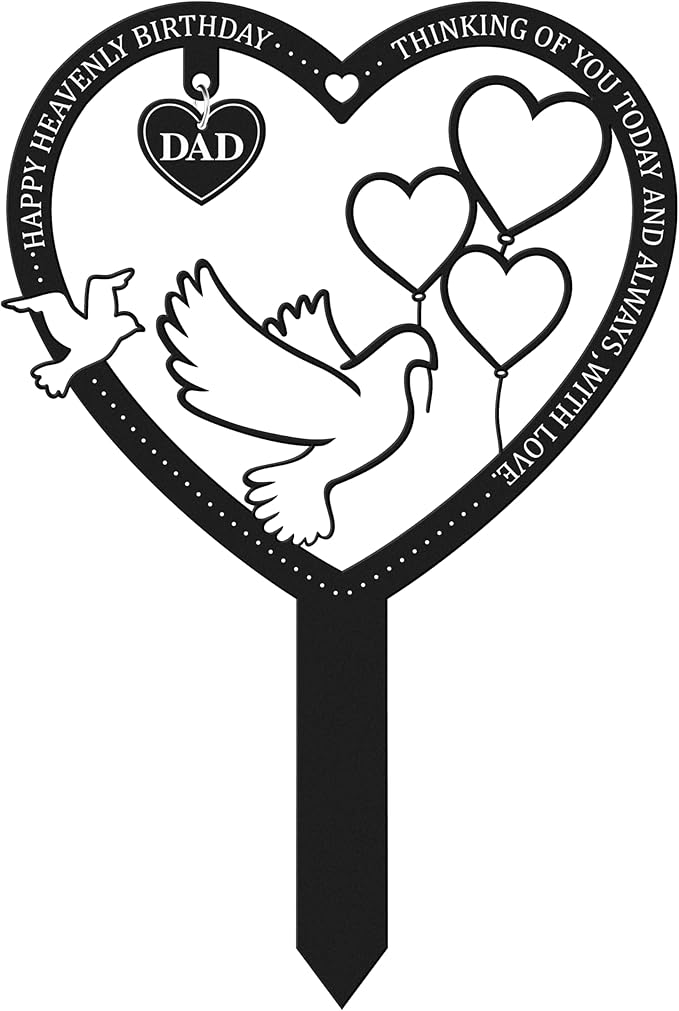 BUoonyer Stake Graves Cemetery Decorations - Dad Metal Memorial Grave Markers, Father Heart Graveyard Sympathy Plaque, Happy Heavenly Birthday Remembrance Graveside Burial Decor Sign for Outside Yard
