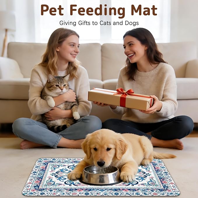 Dog Food Mat for Bowls, Absorbent Quick Dry Dog Cat Mats for Food and Water, Non-Slip Backing Pet Mat Pet Supplies - Blue Vintage Floral Pattern