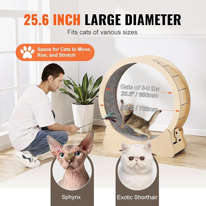 VEVOR Cat Exercise Wheel, Large Treadmill Wheel for Indoor Cats, 29.5 inch Wheel with Detachable Carpet and Cat Teaser for Running/Walking/Training, Suitable for Most Cats