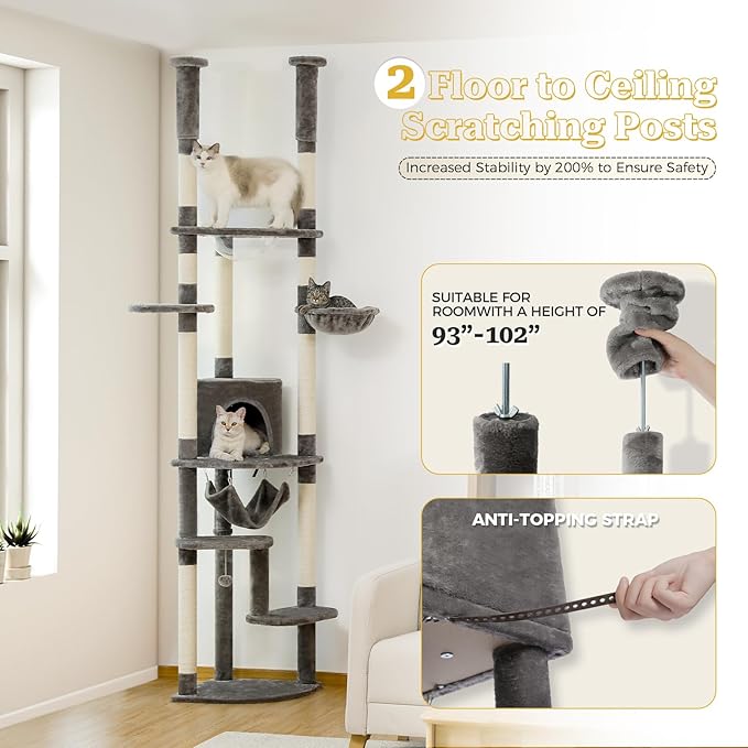 PETEPELA Floor to Ceiling Cat Tree, 92.9''-101.6''Height Adjustable Cat Tower Tall Cat Climbing Play House, Cozy Condo, Scratching Post and Spacious Hammock for Indoor Cats Large Adult, Gray