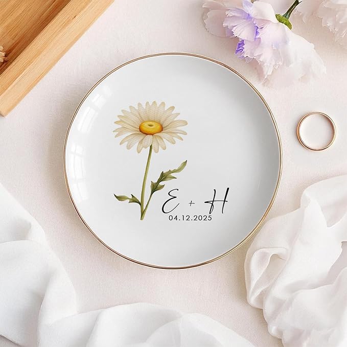 Personalized Floral Jewelry Dish, Engaged Ring Dish, Custom Trinket Dish Engagement Gift for Newly Engaged Couple, Mr and Mrs Ring Dish Just Married Valentines Gifts Keepsake