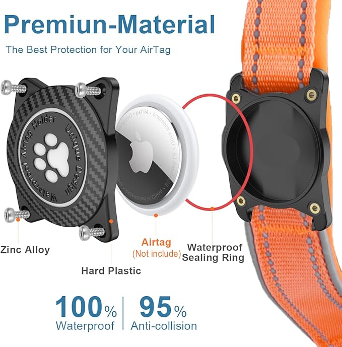 Airtag Dog Collar with Waterproof Air Tag Holder, Luminous Reflective, Soft Padded, Adjustable Nylon Pet Collar for Small Medium Large Heavy Duty Dogs,Orange, L