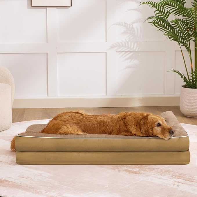 Dog Bed Large Sized Dogs, XL Orthopedic Dog Bed for Large Dogs 42"x30"x7.5", Waterproof Pet Bed with Washable Removable Cover, L-Shaped Pet Couch with Portable Handle, Camel