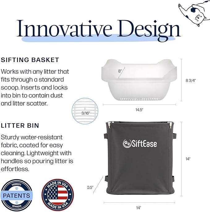 Cat Litter Sifter - SiftEase Sifting Litter Box Cleaner, Large Litter Box Sifter with Bin for Fast & Easy Scoop Free Cleaning and Longer Lasting Litter (2 Pack Dark Grey)