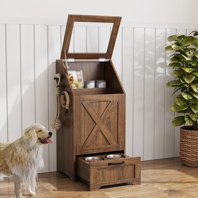 Dog Feeding Station with Storage Cabinet and 2 Elevated Dog Bowls, Hidden Pet Food Storage Organizer for Dog &Cat,Modern Dogs Furniture (Walnut)