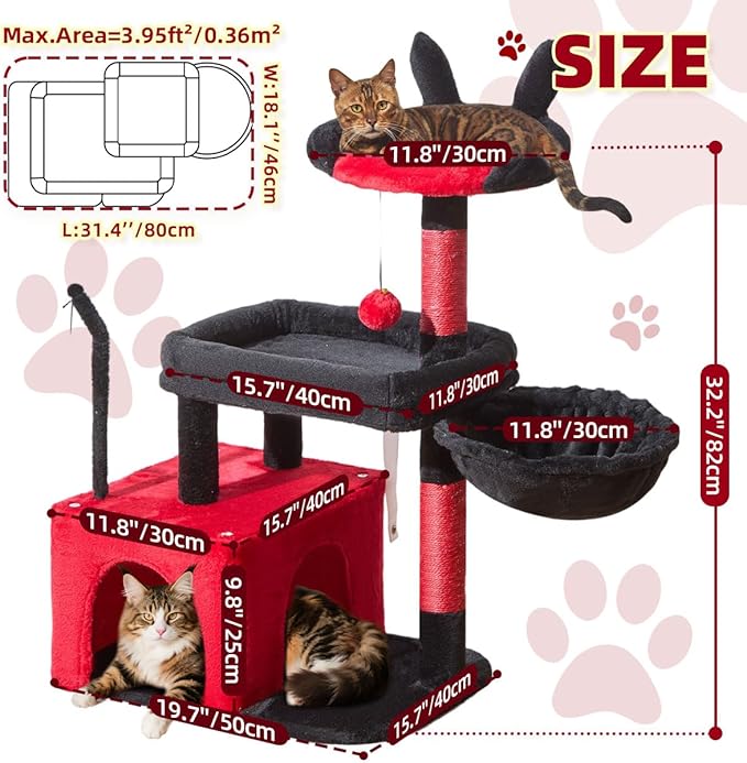 Taoqimiao MS043BR Cat Tree, 32.2-Inch Cat Tower for Indoors Cats, Cat Condo with Large Cat Perch, Spacious Cat Cave, Scratching Posts for Small and Medium Cats, Black and Red