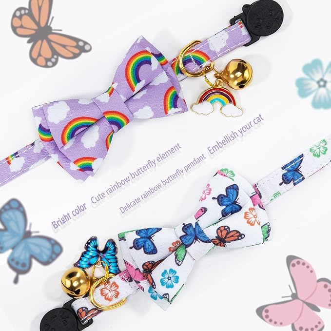 Breakaway Cat Collar with Cute Bow Tie Bell 2Pack Rainbow Butterfly Pattern for Male Female Soft Cotton Kitty Kitten Collar Cute Summer Collars Ideal for Girl Cats Boy Male Cats