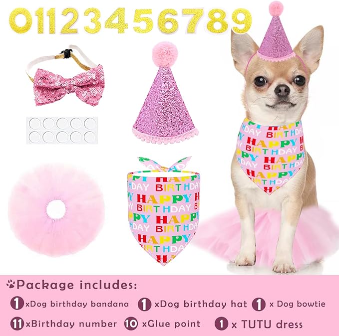 PET SHOW 4Pcs Pink Dog Birthday Hat with 11 (0-9) Numbers Happy Birthday Bandana Dogs Bowties Tutu Dress Set for Small Dogs Cats Puppy Party Wedding Supplies