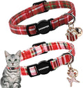 2 Pack Christmas Plaid Cat Collars Breakaway with Bell, DOGWONG Safety Buckle Red Plaid Cute Cat Collar for Girl Boy Cats，Adjustable 7-12 Inch