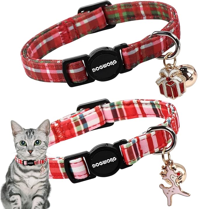 2 Pack Christmas Plaid Cat Collars Breakaway with Bell, DOGWONG Safety Buckle Red Plaid Cute Cat Collar for Girl Boy Cats，Adjustable 7-12 Inch
