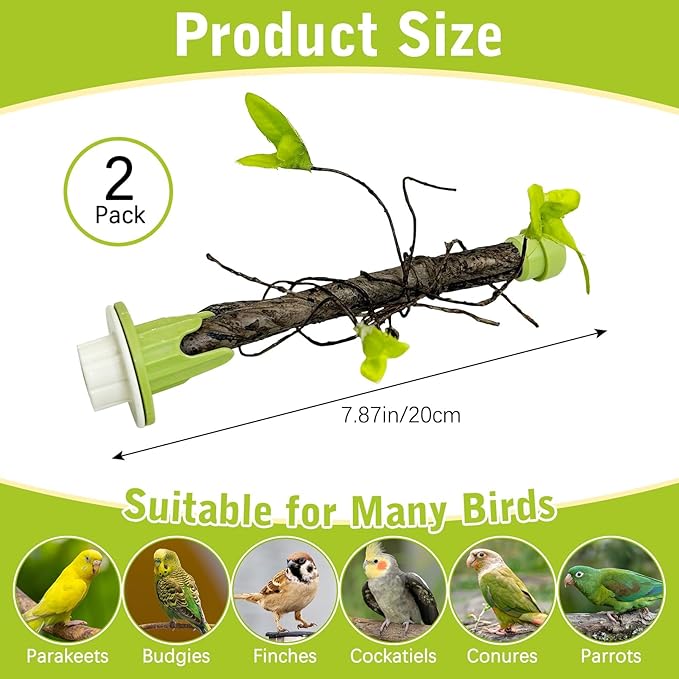 PINVNBY 2 PCS Bird Perches Simulation Branch Parrot Cage Perch Stand with Green Leaf Hanging Paw Grinding Fork Cage Accessories for Parakeets Budgies Finches Cockatiels Conures