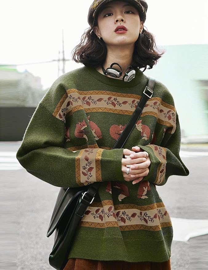 YESNO Women Christmas Sweater Graphic Printed Oversized Pullover Sweaters Casual Loose Knit Tops S01