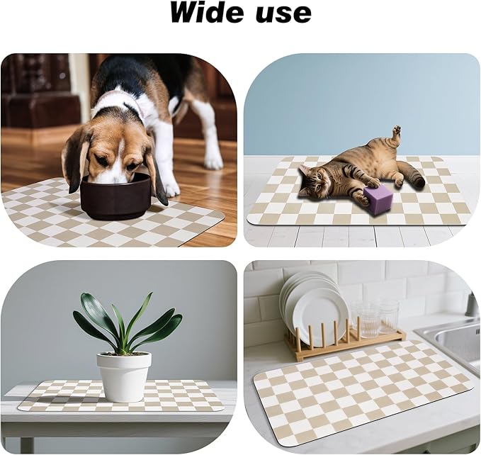 Checkered Dog Food Mat, Absorbent Leak-Proof Pet Feeding Mat, Quick Dry Cat Food Mat for Messy Drinkers 16" x 24" Khaki