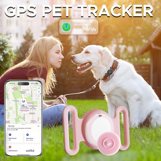 GPS Tracker for Dogs, Mini GPS Pet Tracker with Silicone Cover, IPX8 Waterproof GPS Trackers for Kids,No Monthly Fee,Work with Apple Find My(iOS Only),Dog Trackers Finder Trackers Pets (Pink-New)