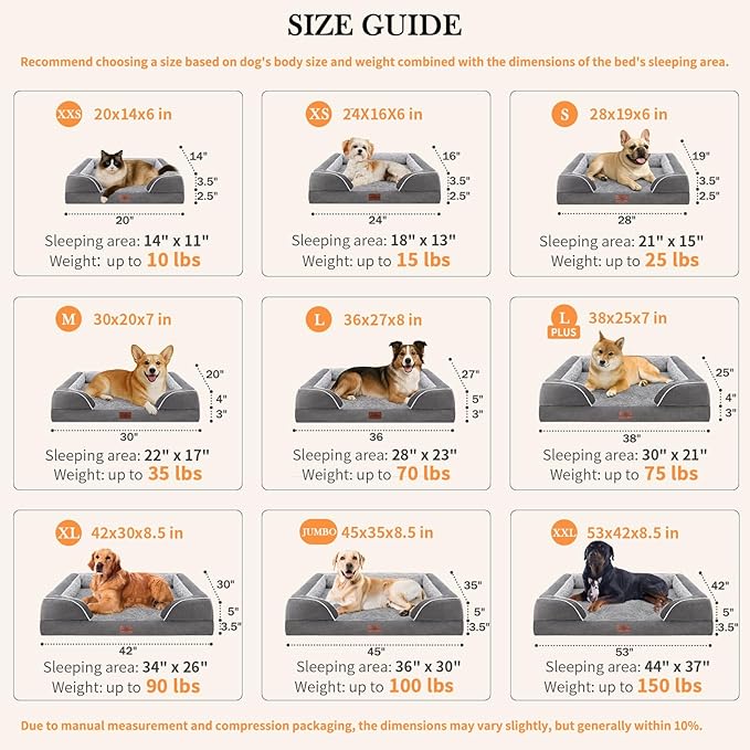 Comfort Expression Orthopedic Dog Bed for Extra Large Dogs 42x30 Inch, Waterproof Egg Crate Foam XL Pet Bed with Removable Bolsters, Dog Couch with Washable Cover & Non-Slip Bottom, Grey