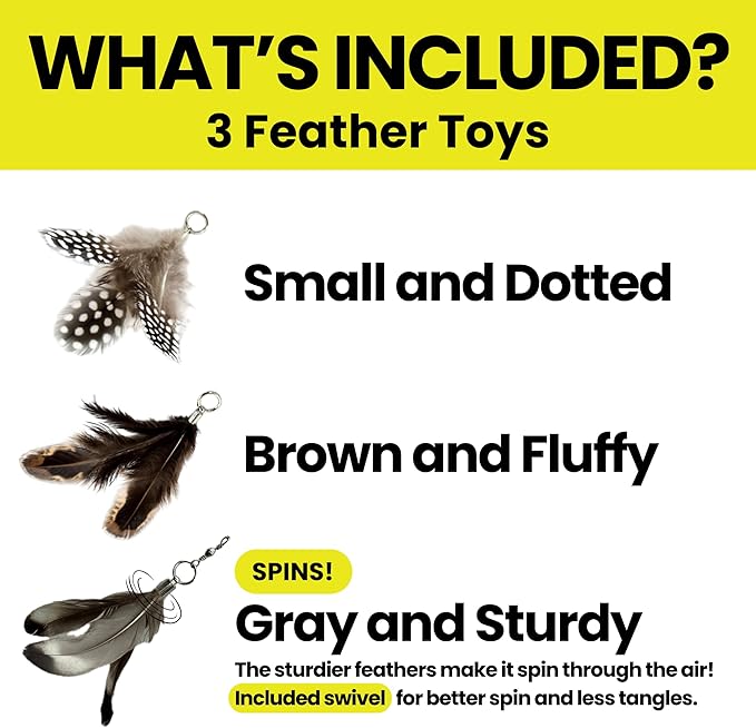 Feather Toys Replacements (3 Pc) - Cat Toys & Kitten Toys for Indoor Kittens, Set of Replacement Feather Attachments Extra Small and Durable, for Cat Wands, Natural and Safe